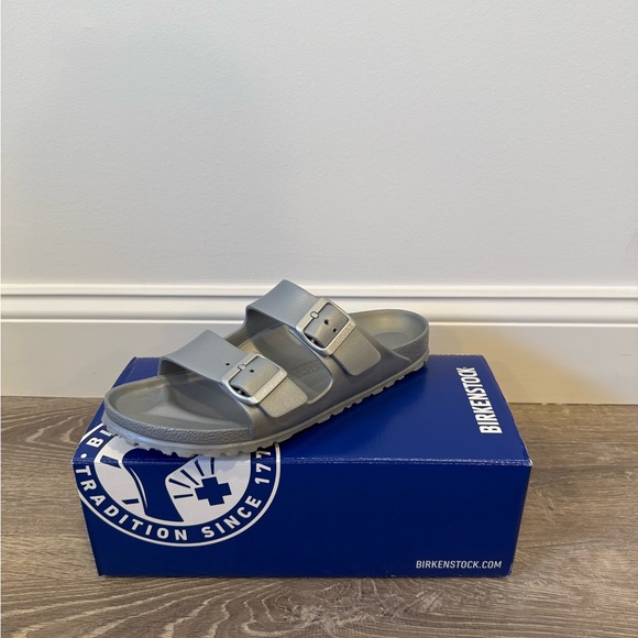 Birkenstock Eva Arizona Metallic Silver Double Strap Sandals - Picture 2 of 6